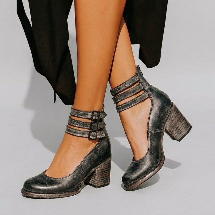 Women's Closed-Toe Block Heels with Buckle Ankle Strap