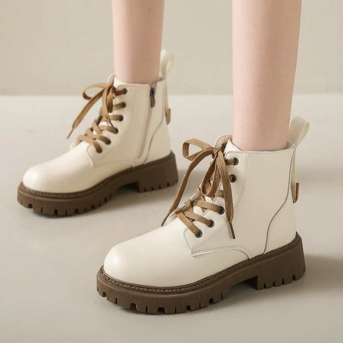 Women's Lace-Up Ankle Boots with Lug Sole and Side Zip