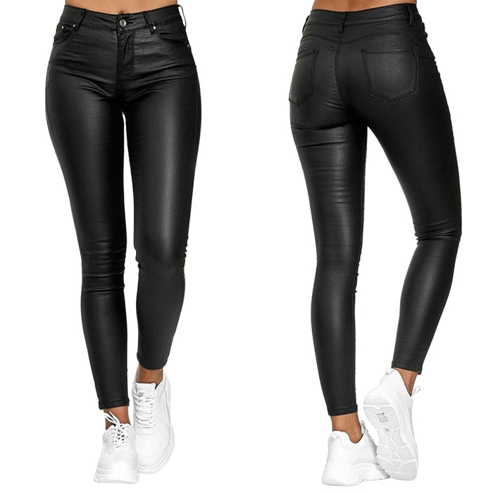 Women's High-Waist Coated Skinny Pants with Pockets