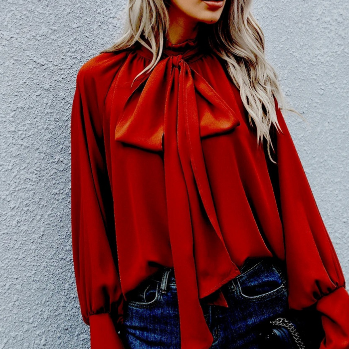Women's Tie-Neck Blouse with Balloon Sleeves