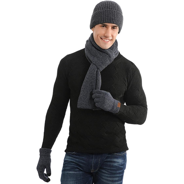 Men's Winter Beanie Scarf Gloves Set Touchscreen