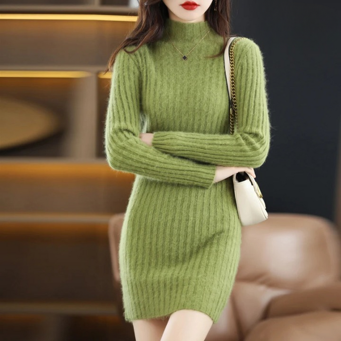 Women's Ribbed Roll Neck Sweater Dress with Slim Fit
