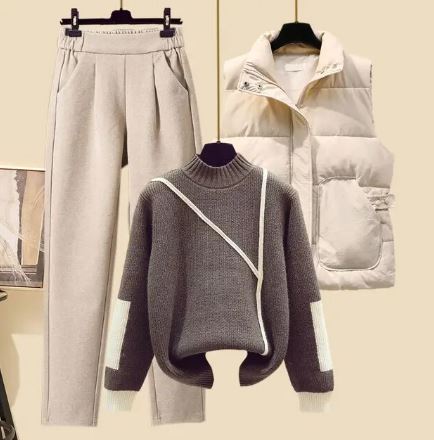 Women's 3-Piece Outfit Set Joggers Puffer Vest Sweater