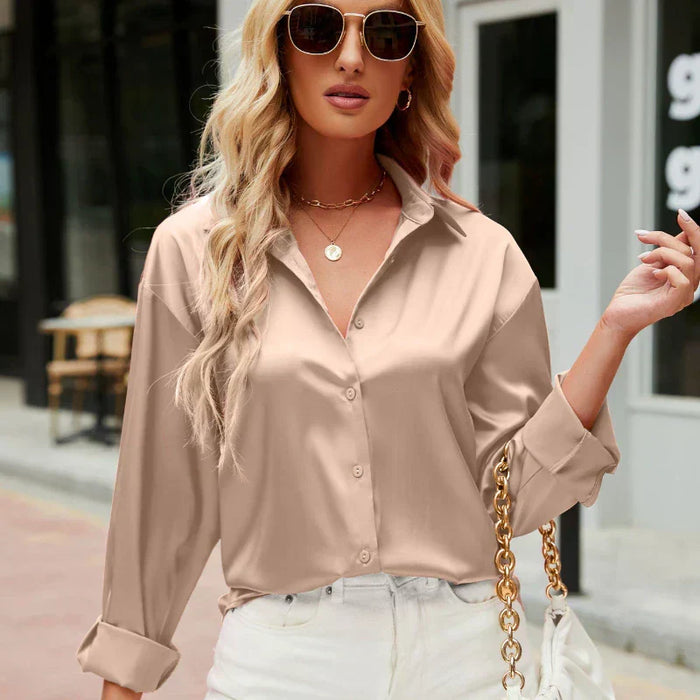 Women's Satin Button-Down Blouse with Collar and Long Sleeves