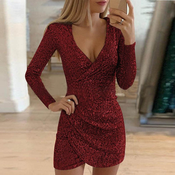 Women's Sequin Mini Dress with V-Neck and Long Sleeves