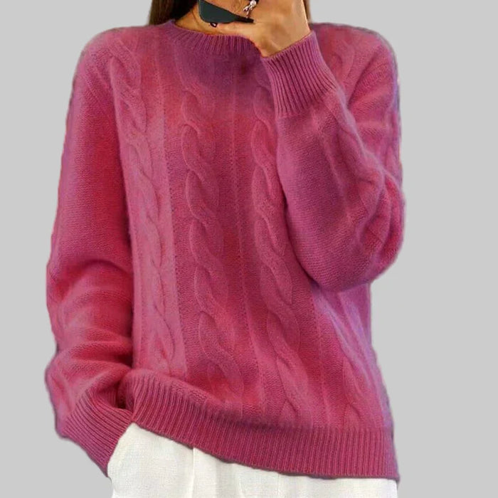 Women's Cable Knit Sweater with Ribbed Crew Neck