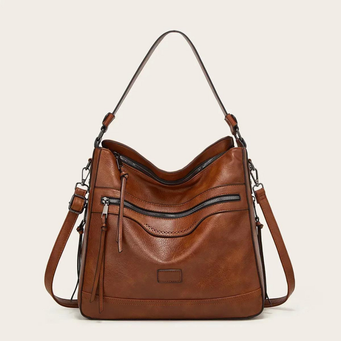 Women's Leather Shoulder Bag with Zipper Pockets
