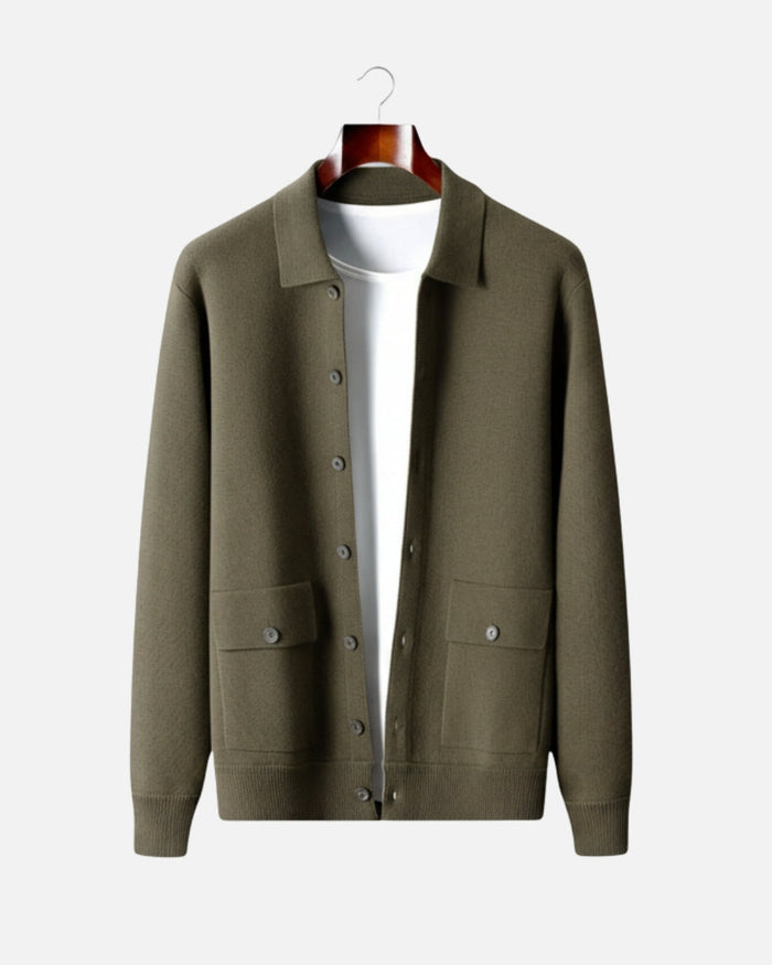 Men's Button-Front Collared Cardigan with Patch Pockets