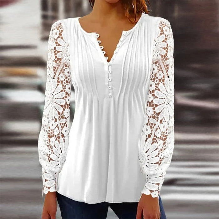 Women's Lace Sleeve Blouse with V-Neck and Button Detail