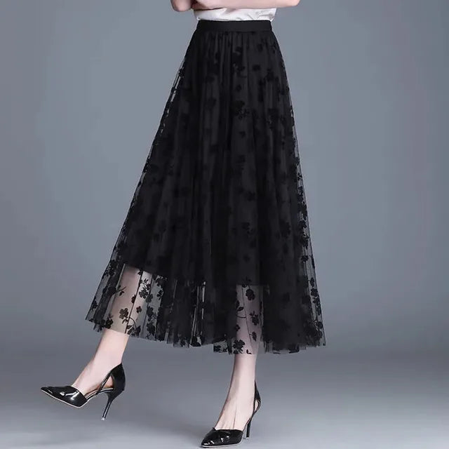 Women's Black Mesh Midi Skirt with Floral Pattern Overlay