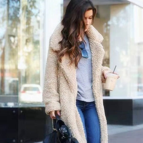 Women's Long Teddy Coat with Collar for Casual Wear