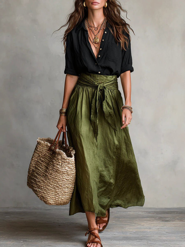 Women's Button Shirt High Waist Midi Skirt Two Piece Set