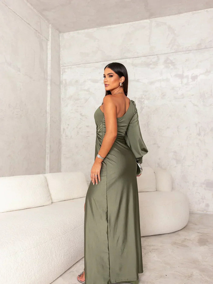 Women's One-Shoulder Maxi Dress with Draped Sleeve and Split