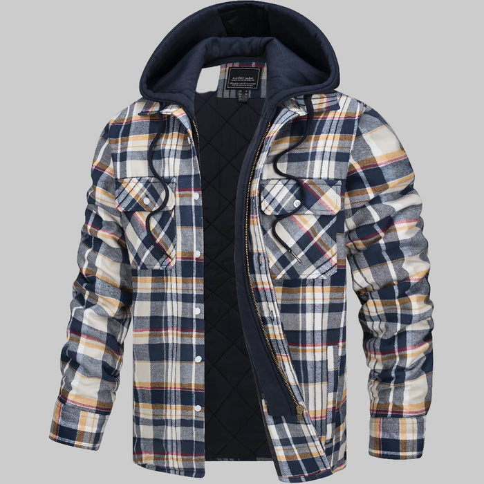 Men's Plaid Shirt Jacket with Hood and Snap-Button Closure