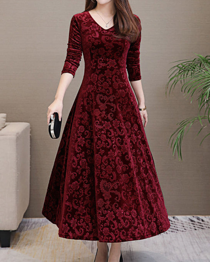 Women's Velvet Midi Dress Long Sleeve V-Neck A-Line