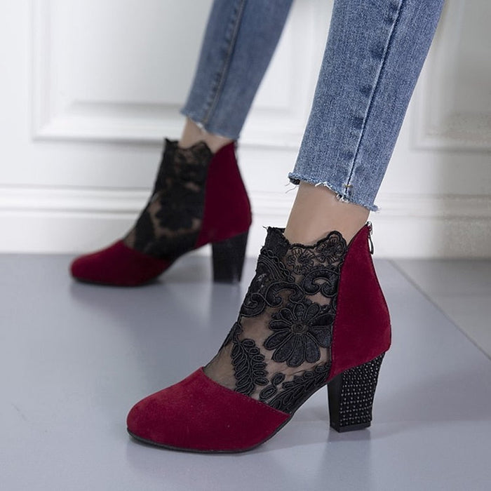 Women's Lace-Panel Ankle Boots Block Heel Closed-Toe